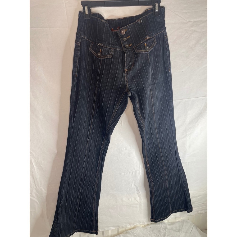 Jazzie Dark Wash Pinstripe Flare Jeans mid rise Multi Button Y2K Blue